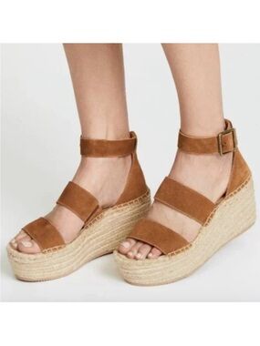 Soludos  shoes Como platform Tan walnut color  Suede Espadrille Wedge Sandals 7